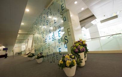 Glass wall and flower decoration in Distribution Exchange Lobby